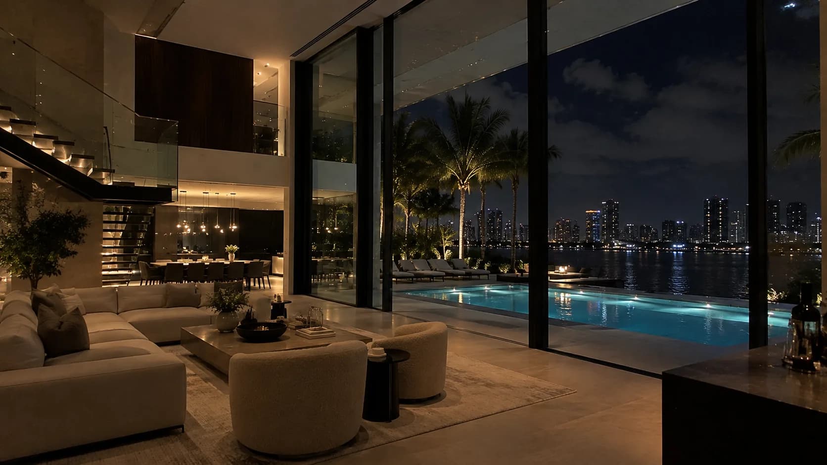 Modern glass-walled home with pool deck